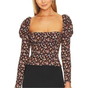 Floral Sweetheart Long-Sleeve Crop Top - Black with Pink Floral